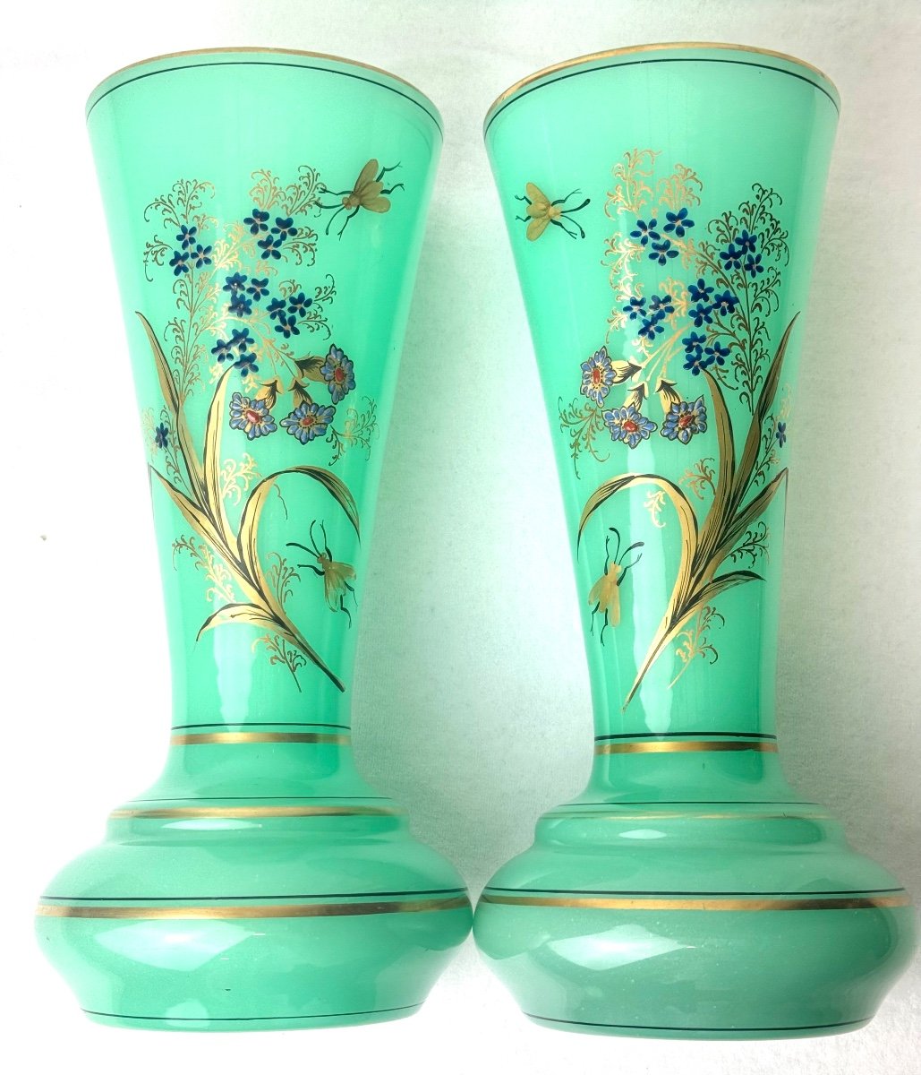 Pair De Vases Baccarat  En Opaline  Vert Ouraline -photo-4