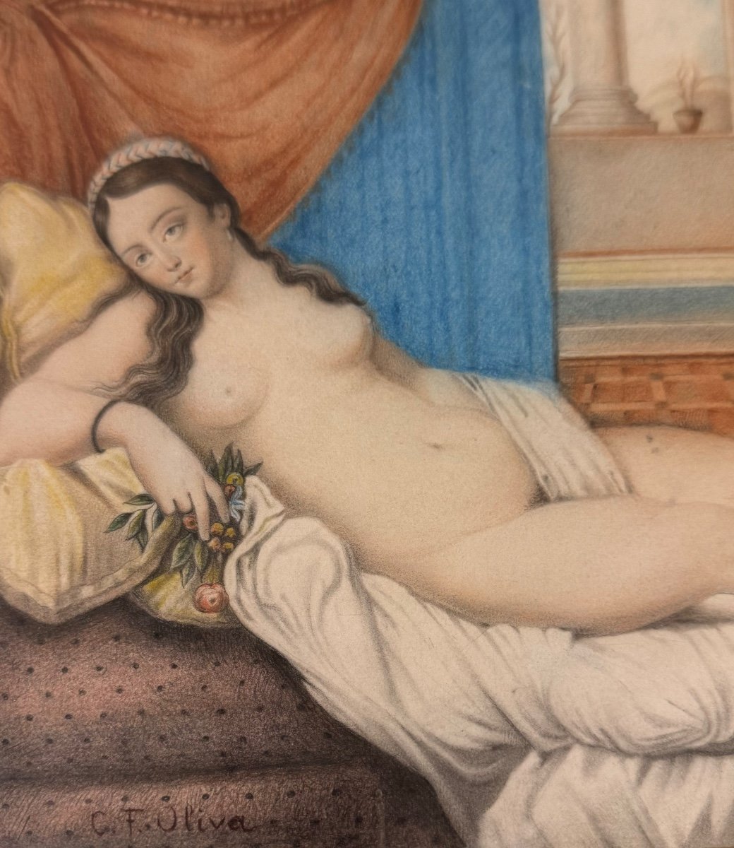C. F. Oliva Pastel Femme Nue Tenant Un Bouquet De Fleurs-photo-3