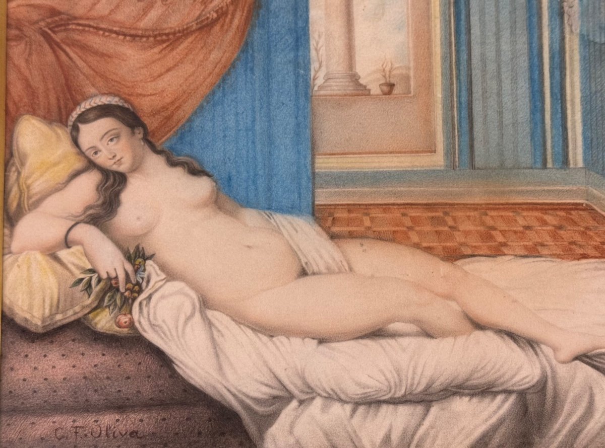 C. F. Oliva Pastel Femme Nue Tenant Un Bouquet De Fleurs-photo-2
