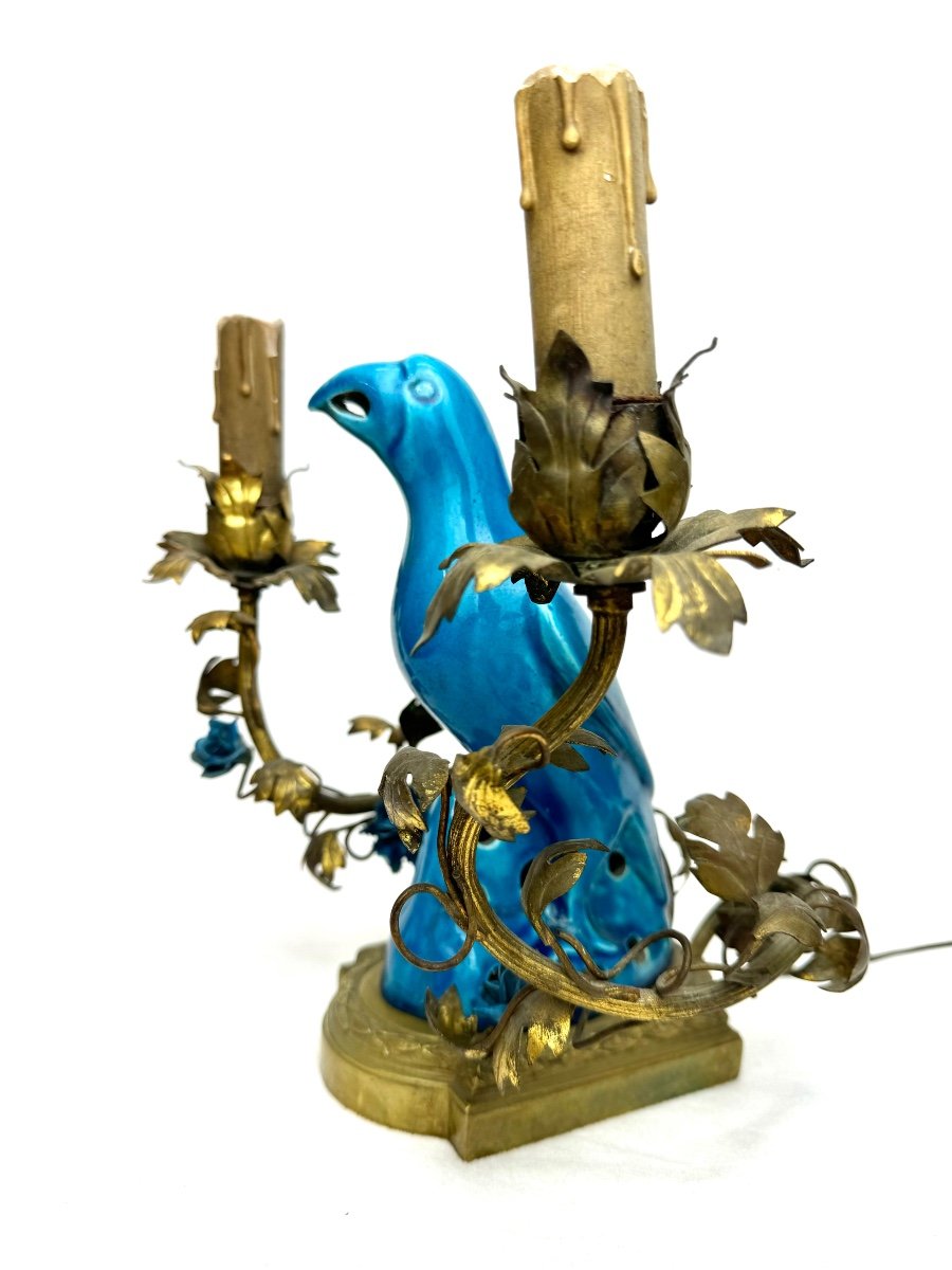 Lampe De Table à Décor De Perroquet Dans Une Monture En Bronze Française, XIX ème Siècle-photo-1