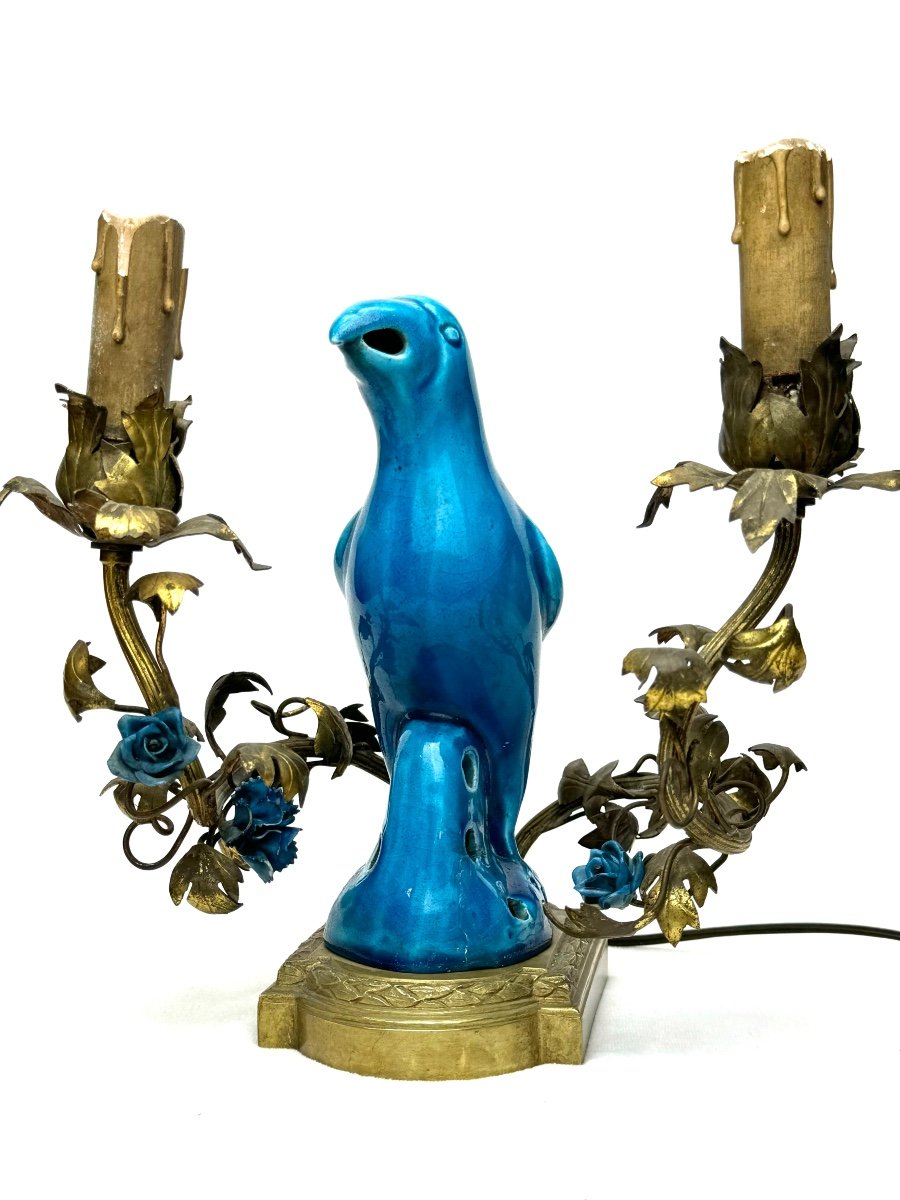Lampe De Table à Décor De Perroquet Dans Une Monture En Bronze Française, XIX ème Siècle-photo-4