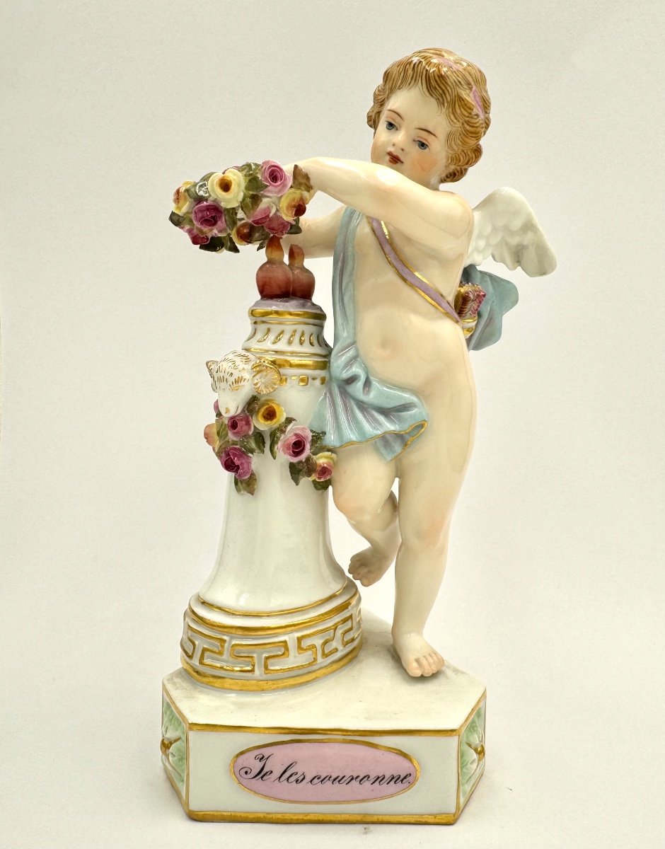 Meissen Porcelain Cupid Figure “i Crown Them”