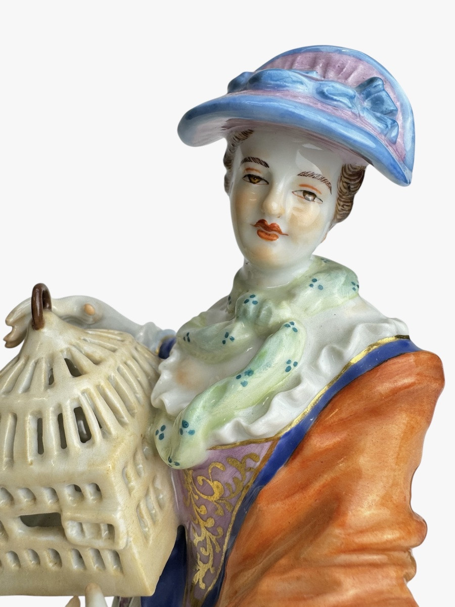 Meissen - Figure En Porcelaine Bergère Avec Cage à Oiseaux-photo-1