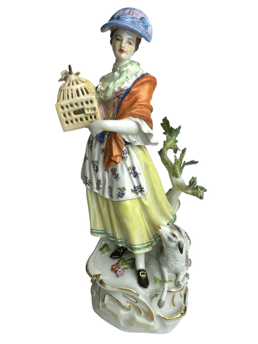 Meissen - Figure En Porcelaine Bergère Avec Cage à Oiseaux