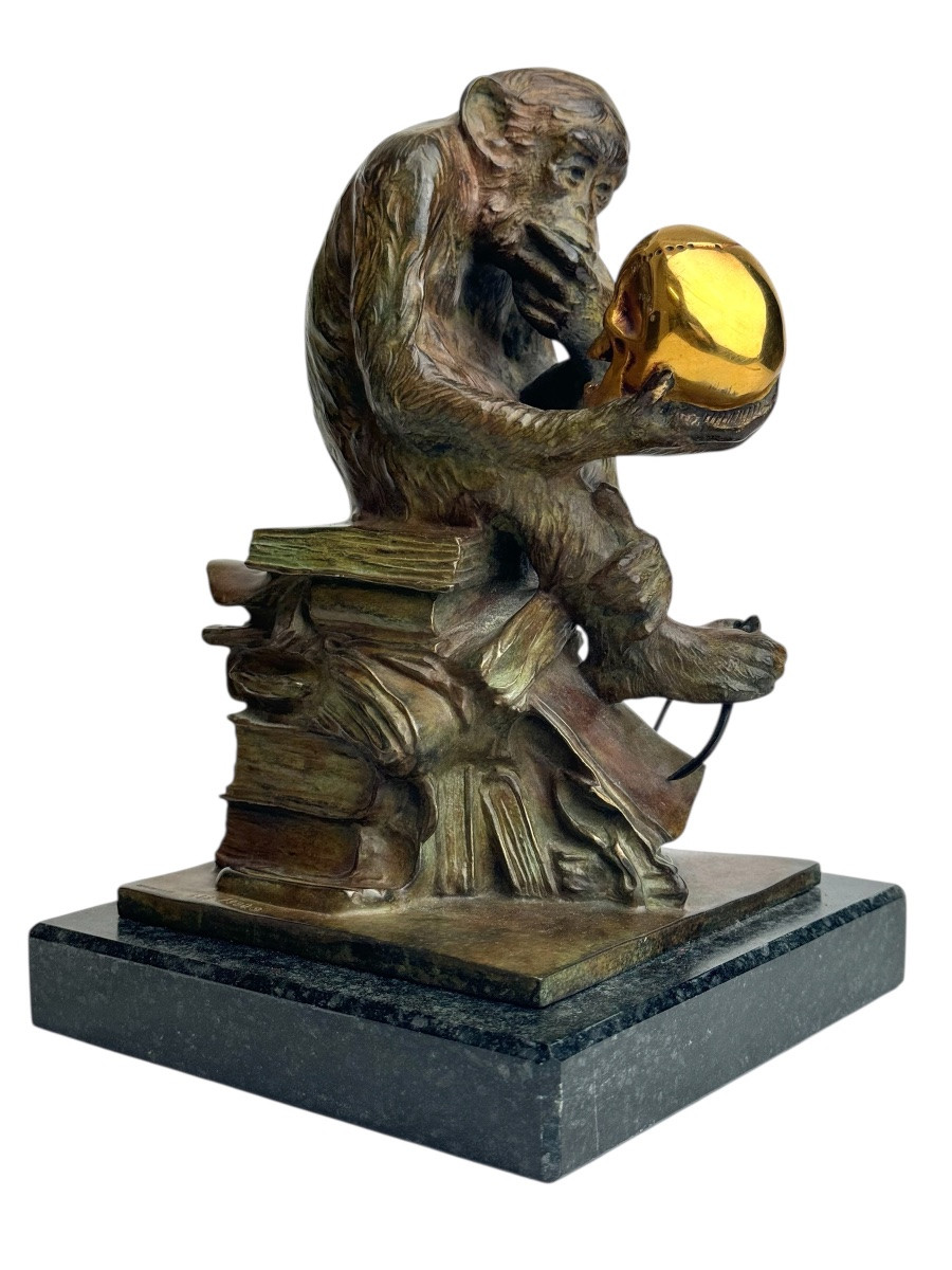 Wolfgang Hugo Rheinhold Bronze Sculpture Monkey With Skull-photo-2