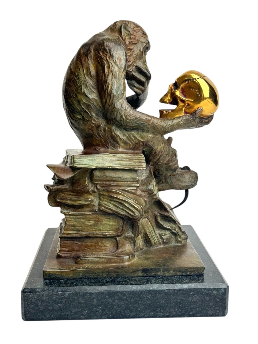 Wolfgang Hugo Rheinhold Bronze Sculpture Monkey With Skull-photo-3