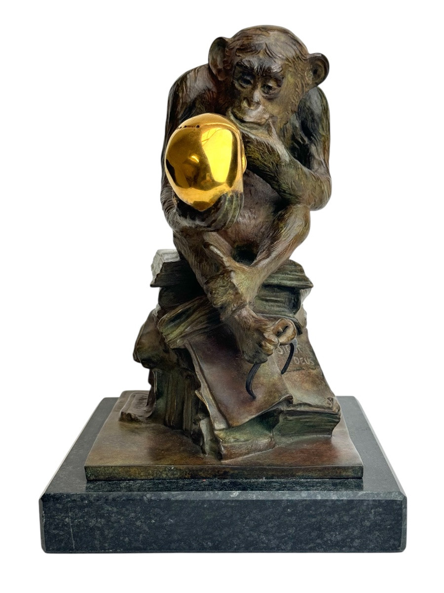 Wolfgang Hugo Rheinhold Bronze Sculpture Monkey With Skull-photo-2