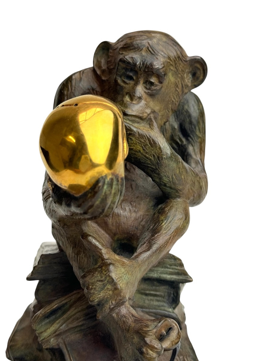 Wolfgang Hugo Rheinhold Bronze Sculpture Monkey With Skull-photo-3