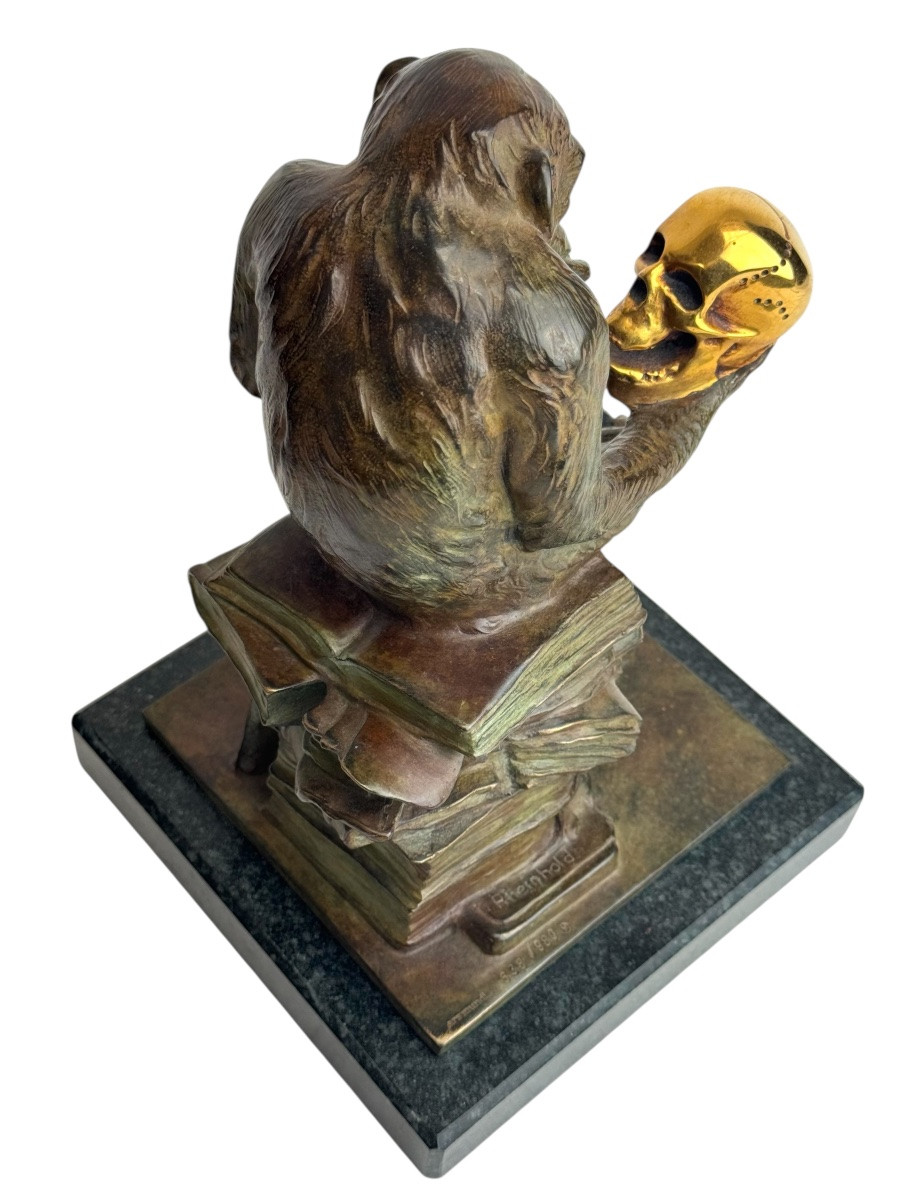 Wolfgang Hugo Rheinhold Bronze Sculpture Monkey With Skull-photo-4