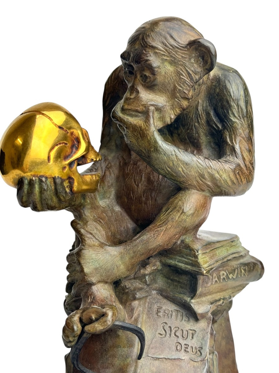 Wolfgang Hugo Rheinhold Bronze Sculpture Monkey With Skull-photo-5