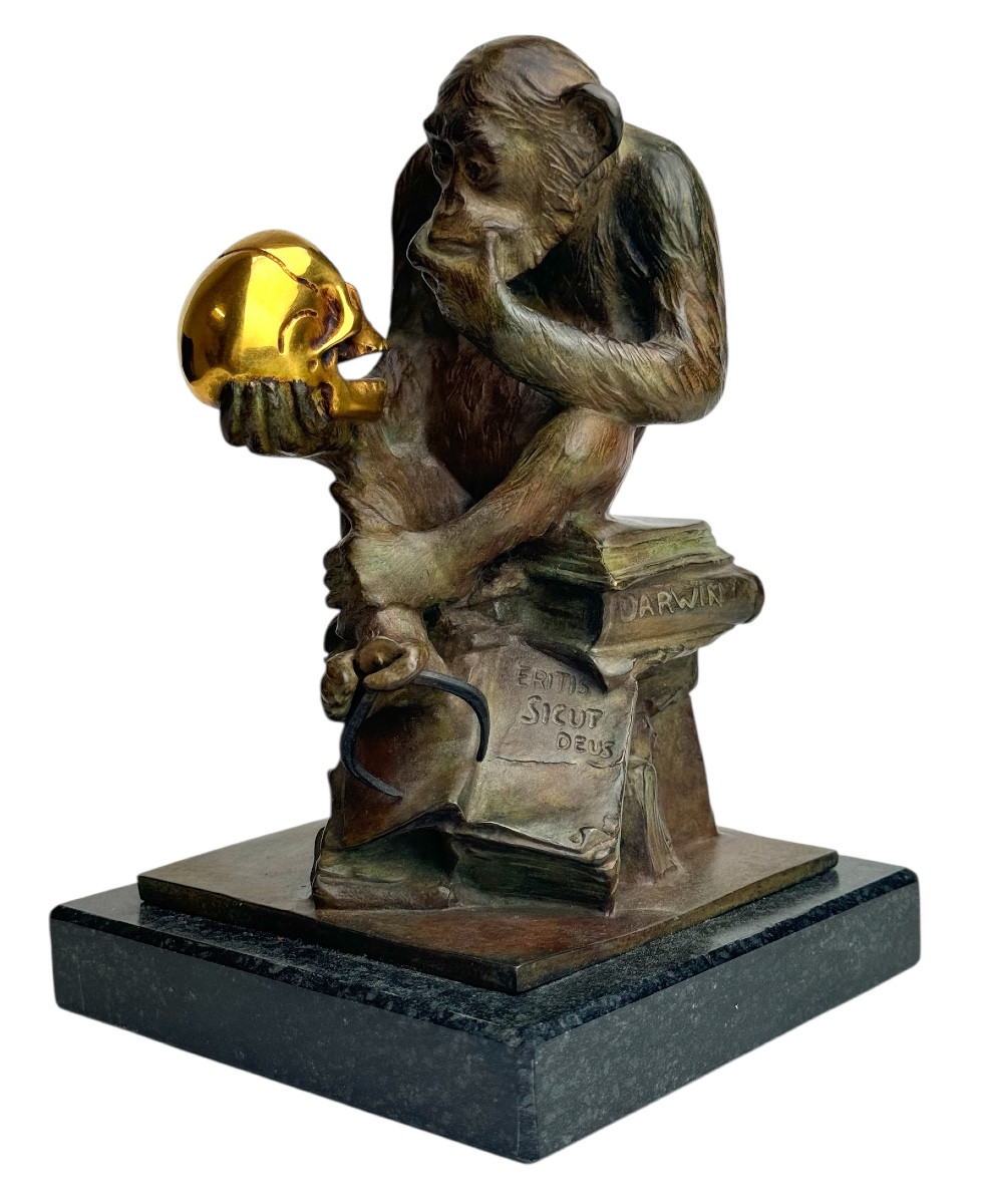 Wolfgang Hugo Rheinhold Bronze Sculpture Monkey With Skull