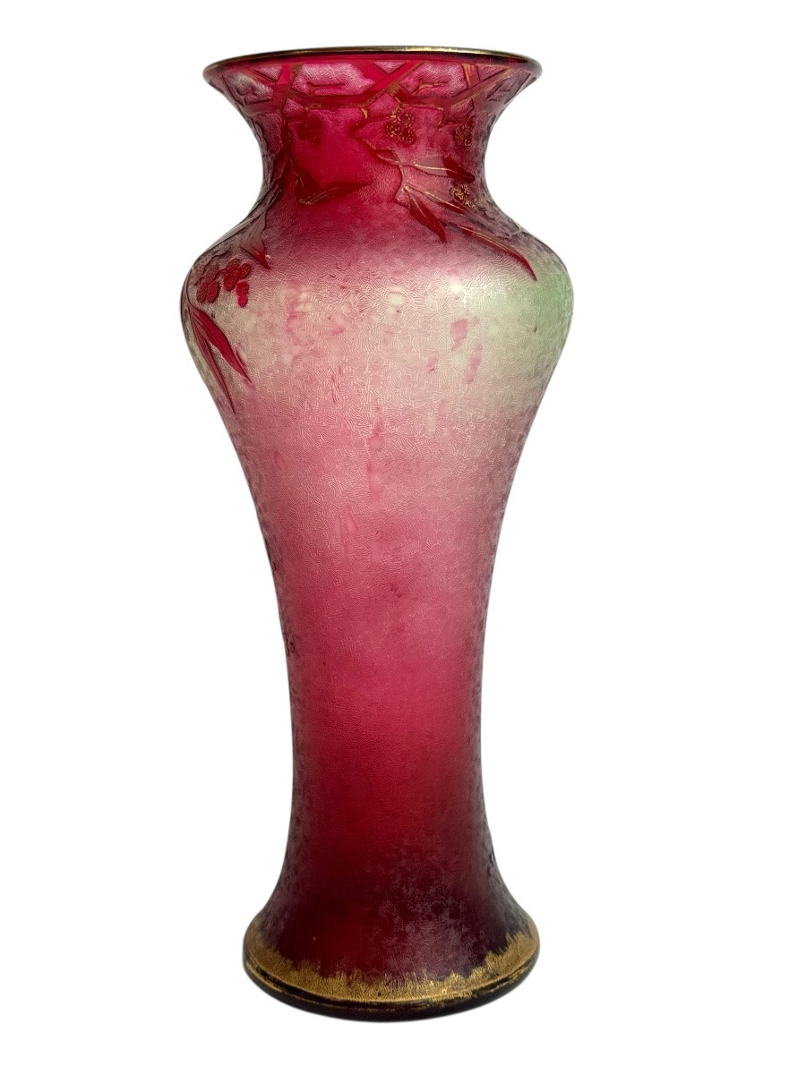  Baccarat - Art Nouveau Crystal And Uraline Vase Decorated With Summer Mimosas. -photo-3