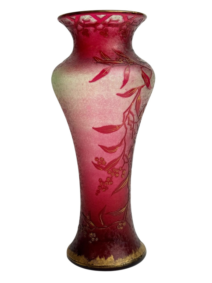  Baccarat - Art Nouveau Crystal And Uraline Vase Decorated With Summer Mimosas. -photo-1
