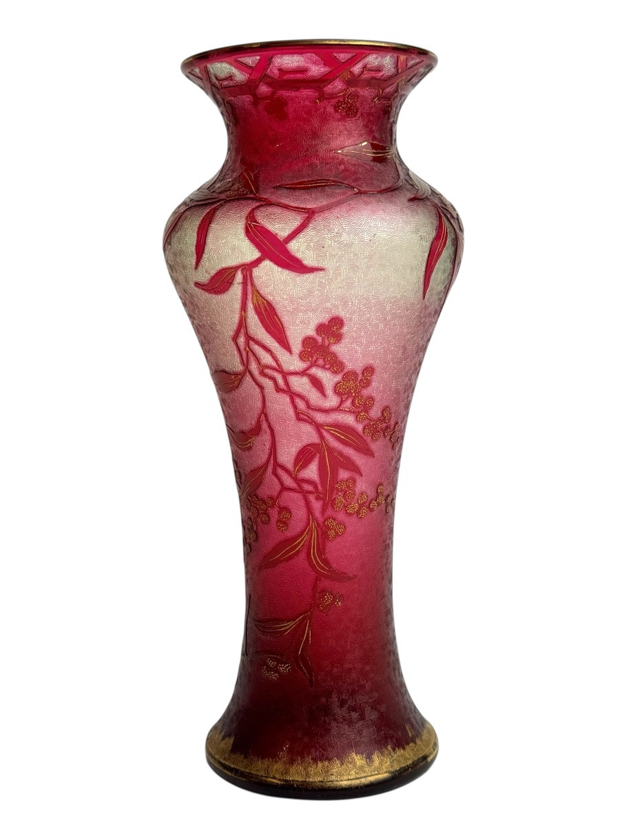  Baccarat - Art Nouveau Crystal And Uraline Vase Decorated With Summer Mimosas. -photo-2