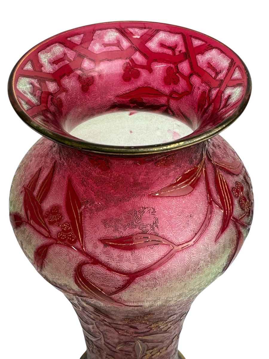 Baccarat - Art Nouveau Crystal And Uraline Vase Decorated With Summer Mimosas. -photo-3