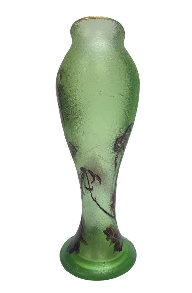 Montjoye - Large Frosted Vase With Chrysanthemum Decoration -photo-2