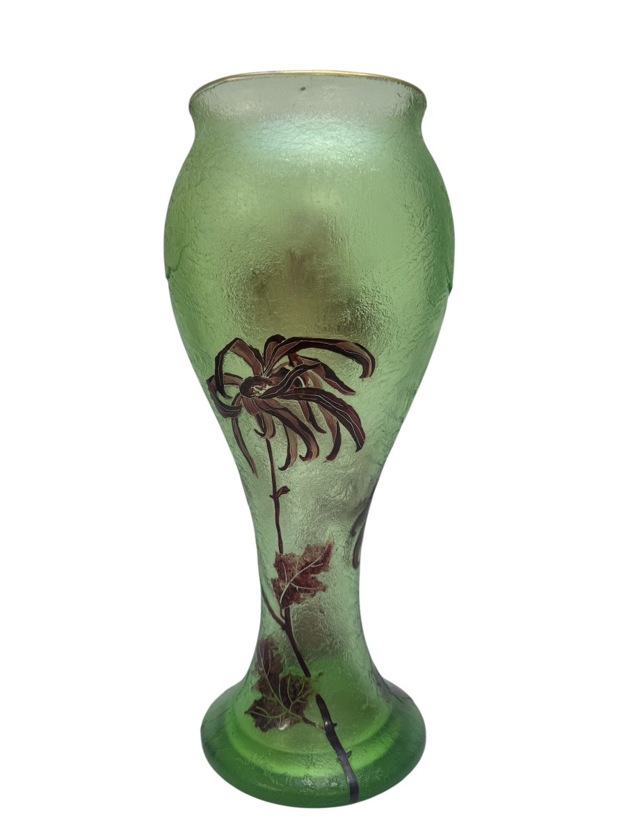 Montjoye - Large Frosted Vase With Chrysanthemum Decoration -photo-3