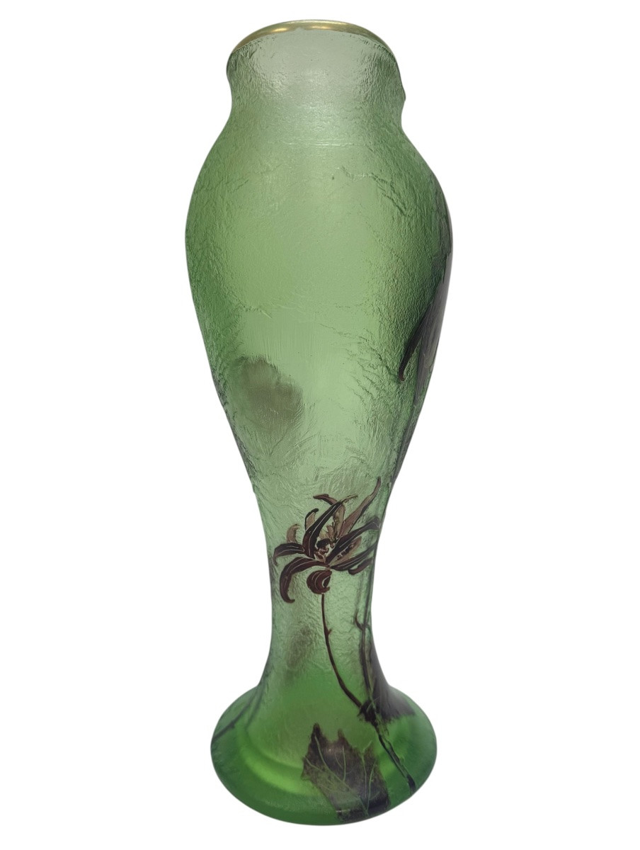 Montjoye - Large Frosted Vase With Chrysanthemum Decoration -photo-4
