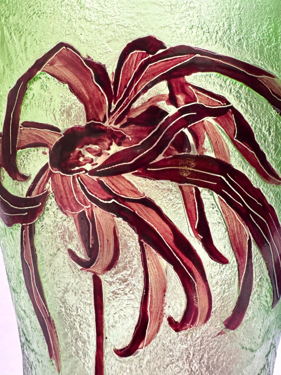 Montjoye - Large Frosted Vase With Chrysanthemum Decoration -photo-1