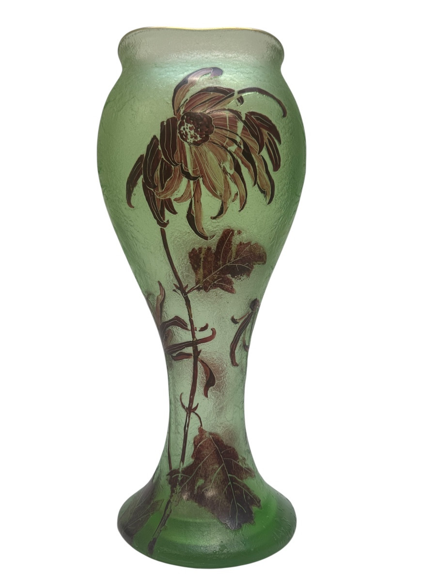 Montjoye - Large Frosted Vase With Chrysanthemum Decoration -photo-8