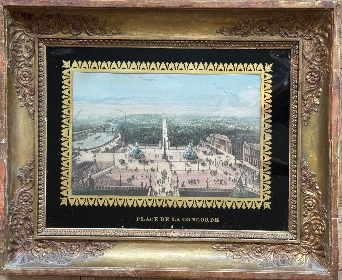 Gravure du XIXe siècle de la place de la Concorde et vue des Champs-Élysées