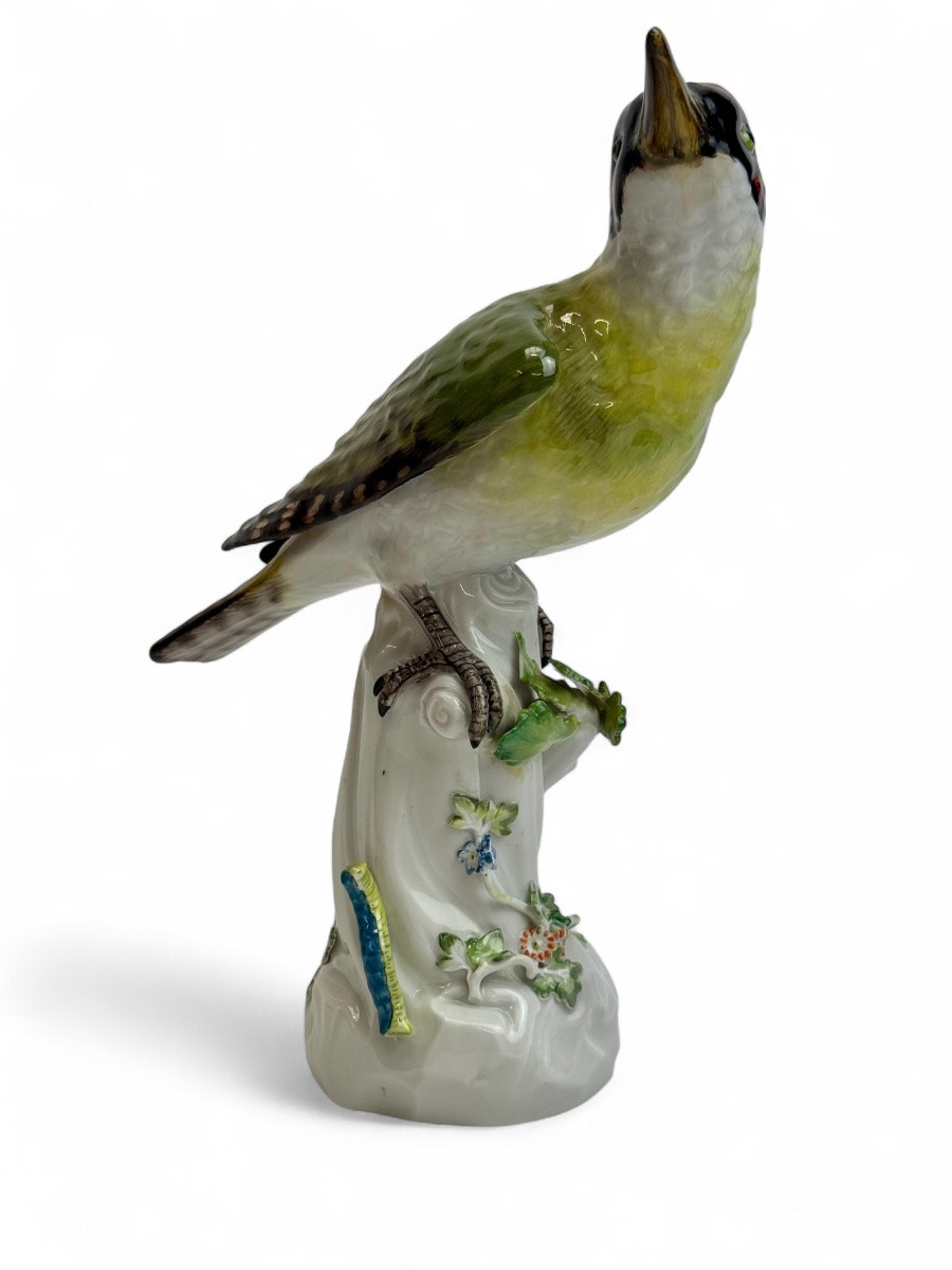 Meissen - Porcelain Figure "green Woodpecker On A Trunk"-photo-2