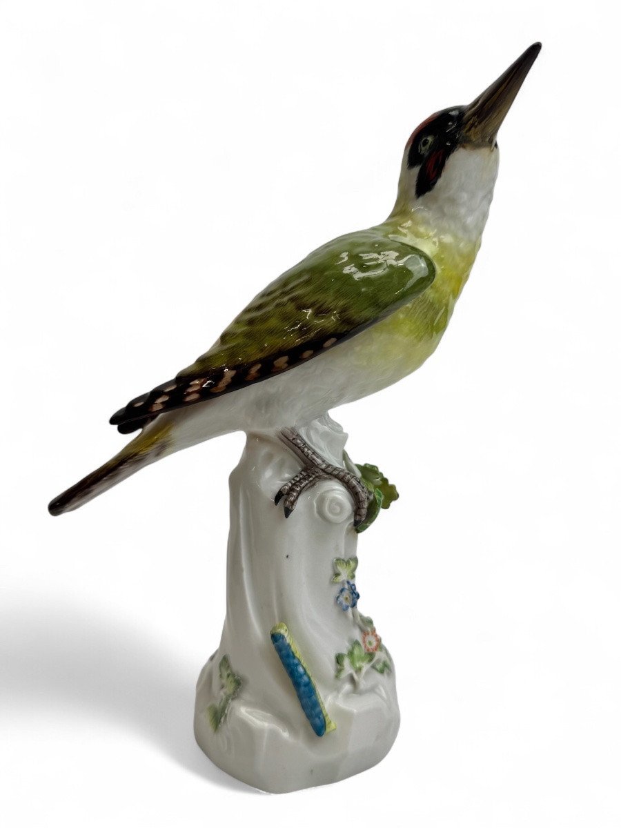 Meissen - Porcelain Figure "green Woodpecker On A Trunk"-photo-3