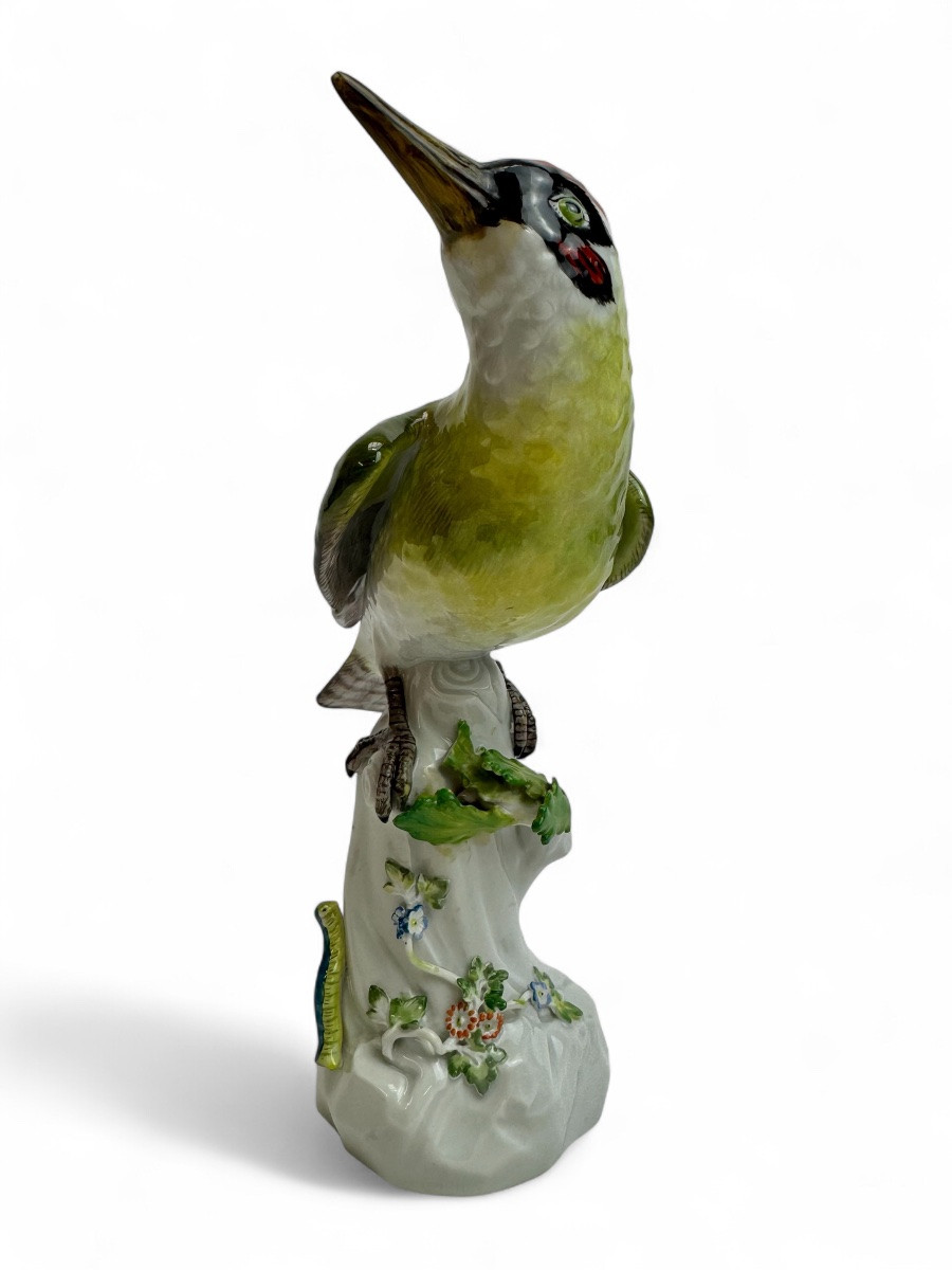 Meissen - Porcelain Figure "green Woodpecker On A Trunk"-photo-4