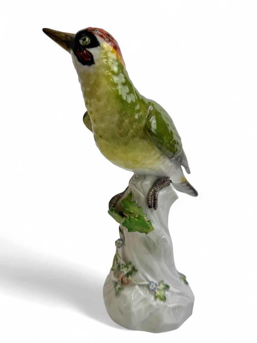 Meissen - Porcelain Figure "green Woodpecker On A Trunk"-photo-1