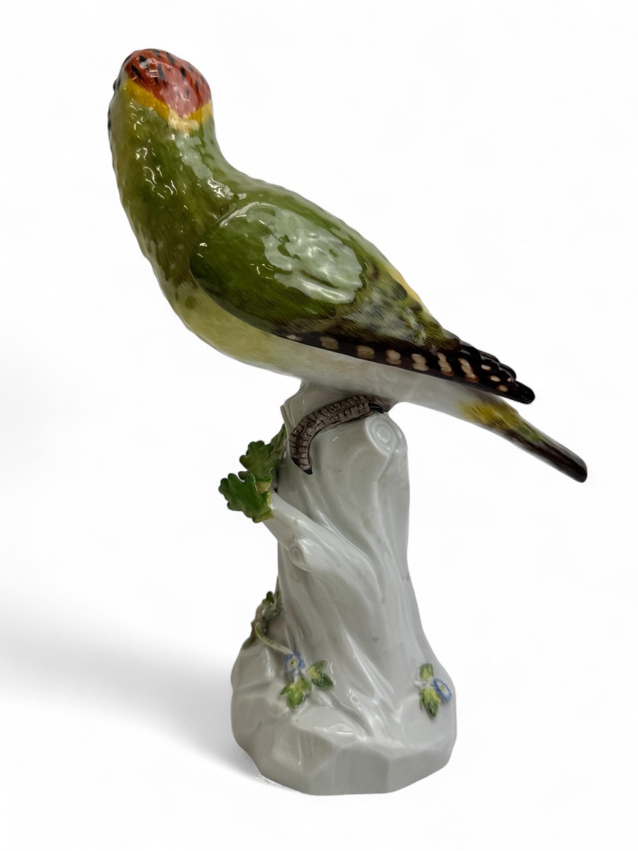 Meissen - Porcelain Figure "green Woodpecker On A Trunk"-photo-2