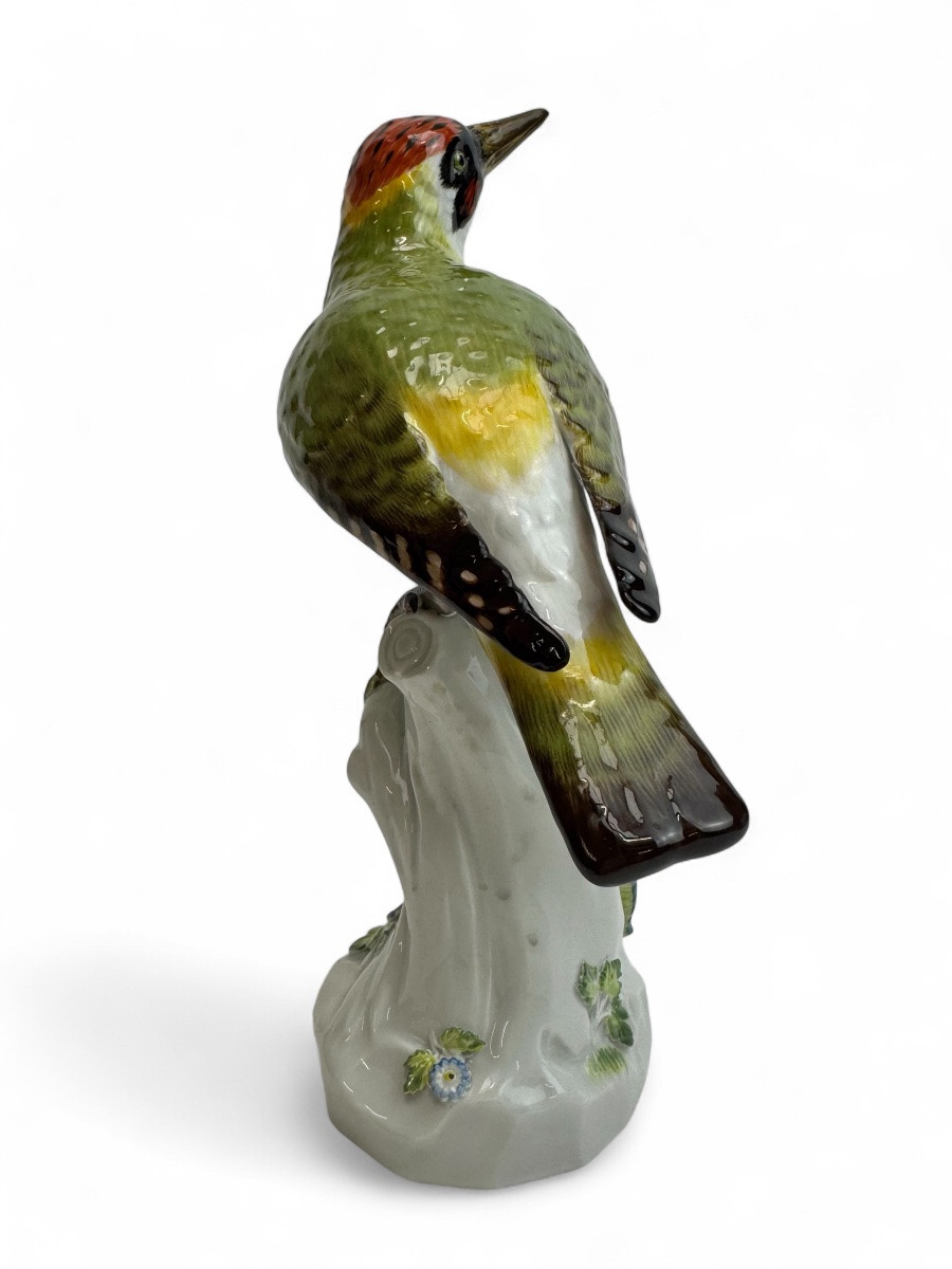 Meissen - Porcelain Figure "green Woodpecker On A Trunk"-photo-3