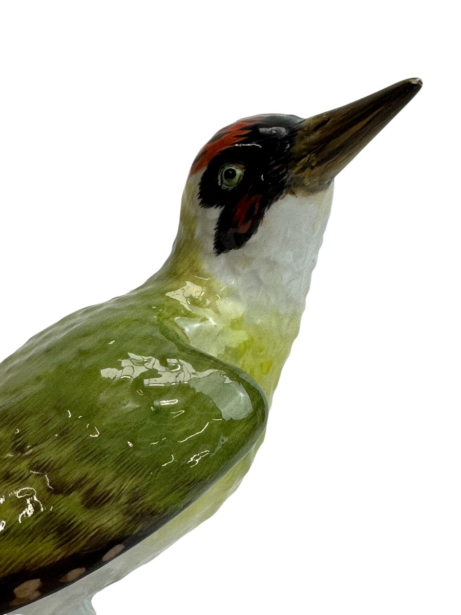 Meissen - Porcelain Figure "green Woodpecker On A Trunk"-photo-5
