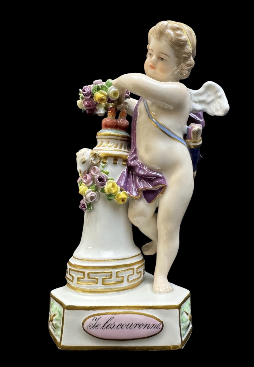 Meissen Figure De Cupidon En Porcelaine "Je les Couronne”-photo-6