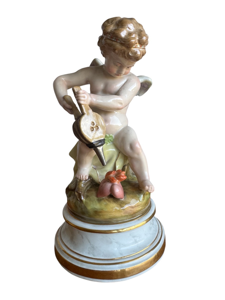 Meissen, Porcelain Figure "cupid, Fanning The Flames Of Two Hearts"
