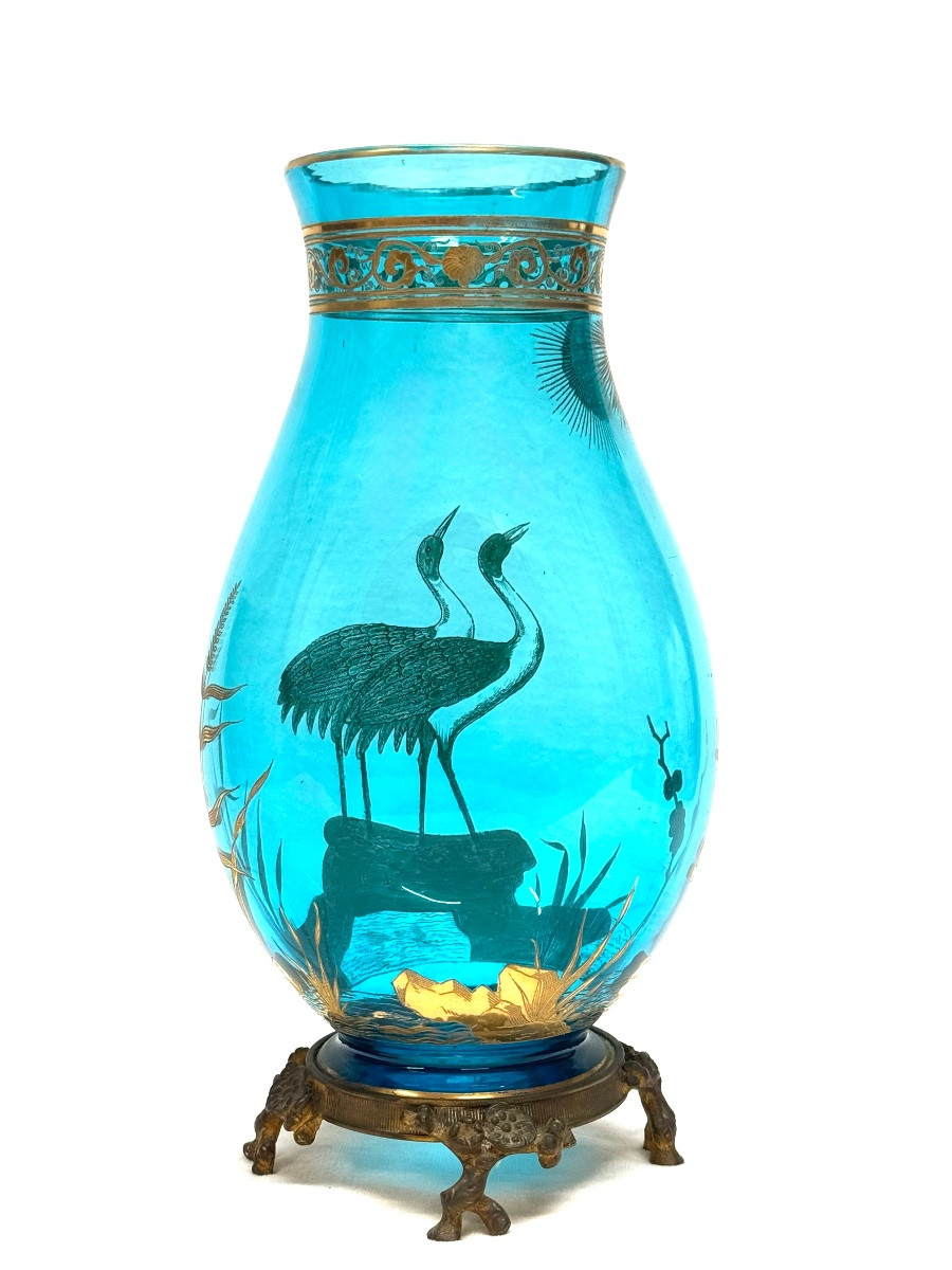 Baccarat - Vase With Japanese-style Decoration Of Waders.-photo-4