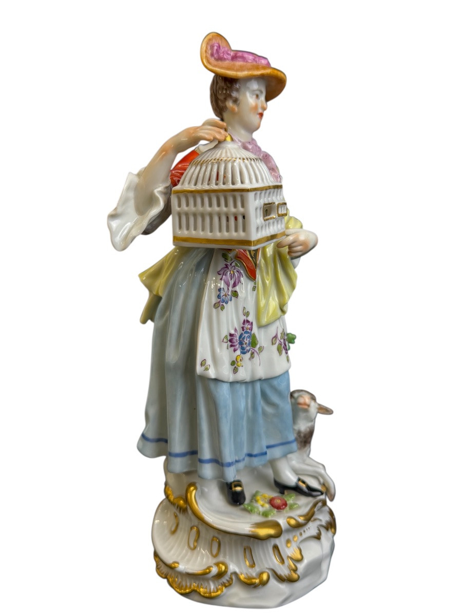 Meissen - Figure en porcelaine bergère avec cage à oiseaux-photo-2