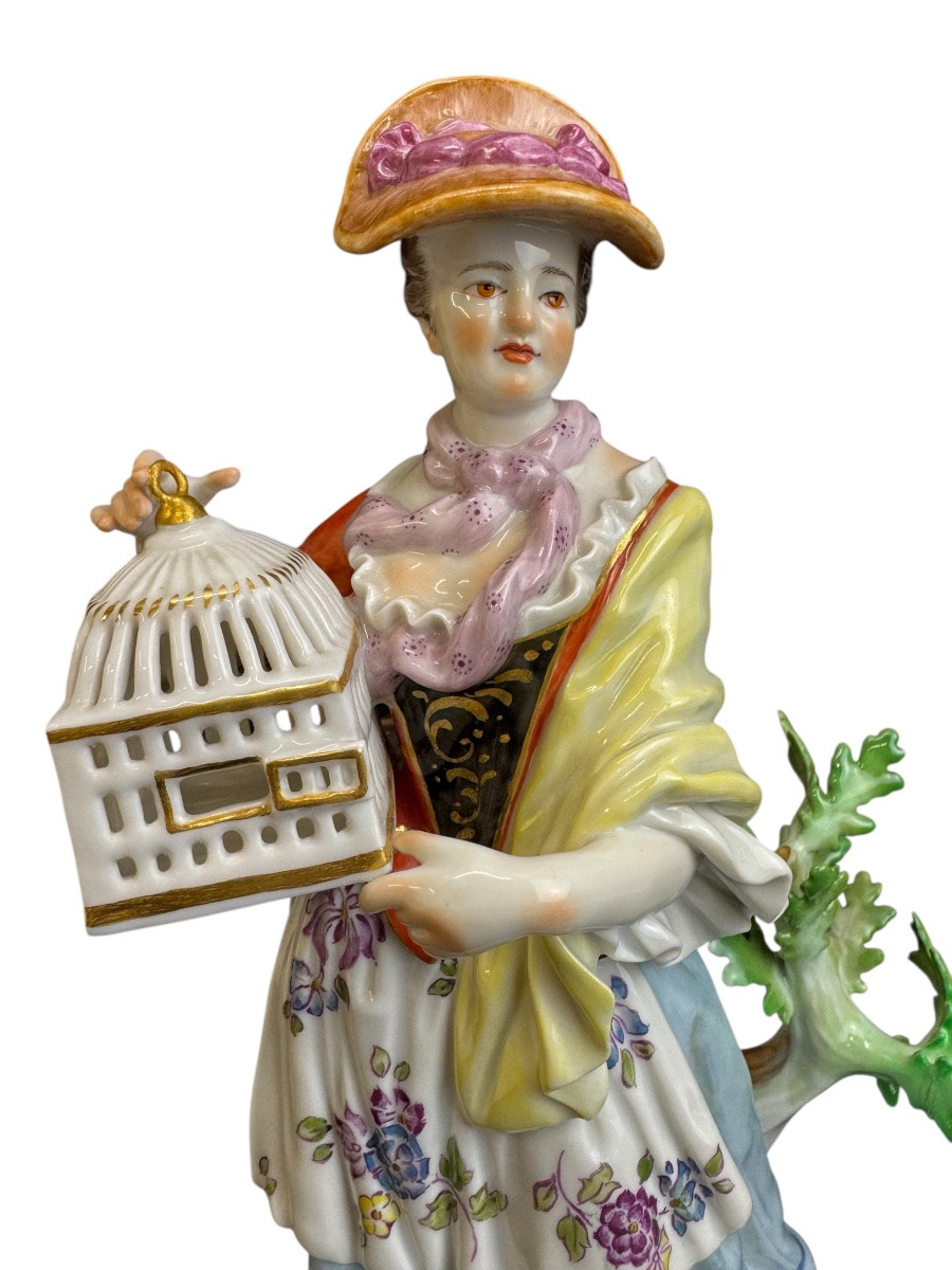 Meissen - Figure en porcelaine bergère avec cage à oiseaux-photo-3