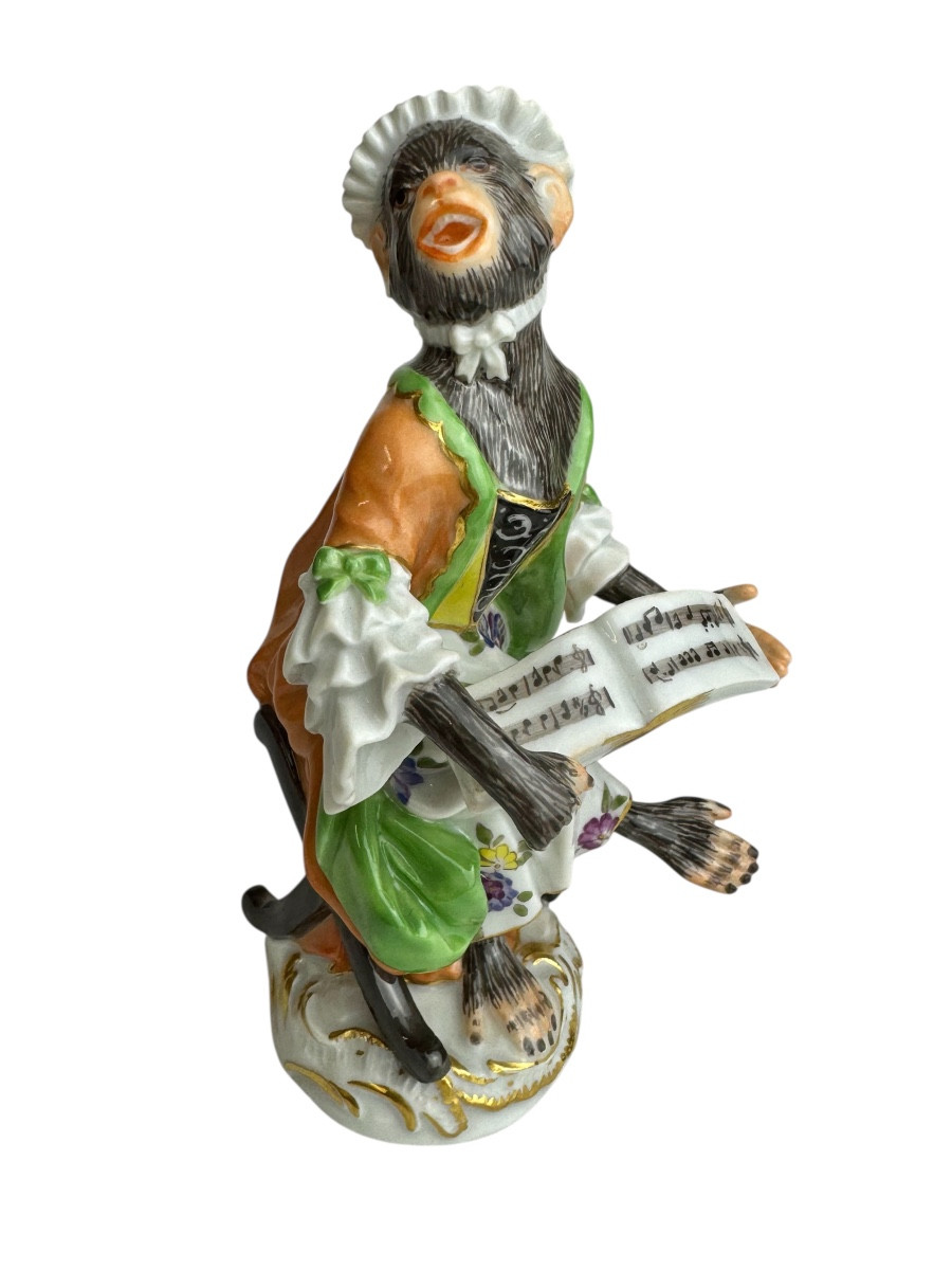 Meissen - Porcelain Figure Of A Singing Monkey From The Monkey Orchestra Series