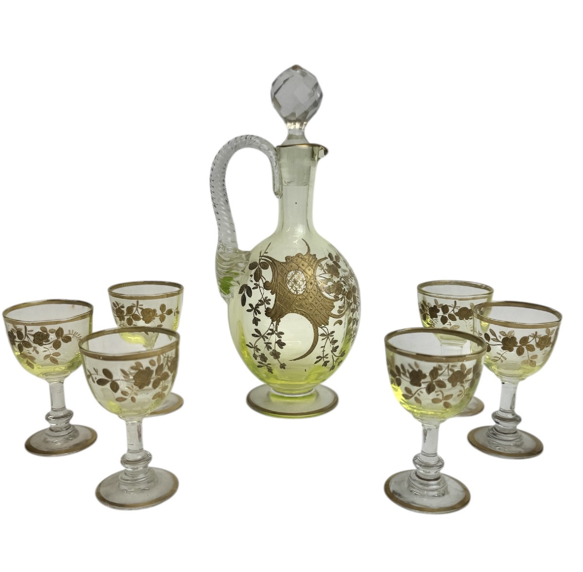 Baccarat - Uranium Crystal Liqueur Service With Rocaille And Rose Decoration