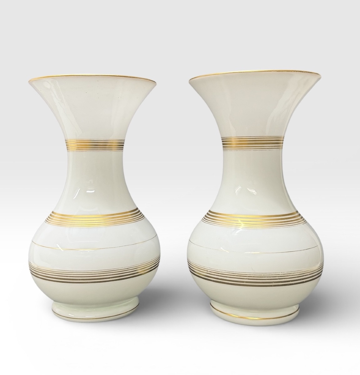 Baccarat, Pair Of White Opaline Vases With Gold Motifs