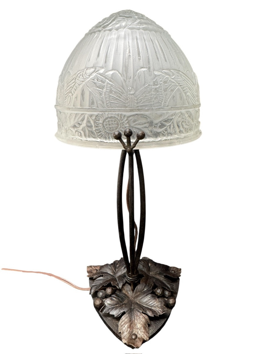 Art Deco Wrought Iron Lamp Decorated With Flowers And Butterflies. -photo-2