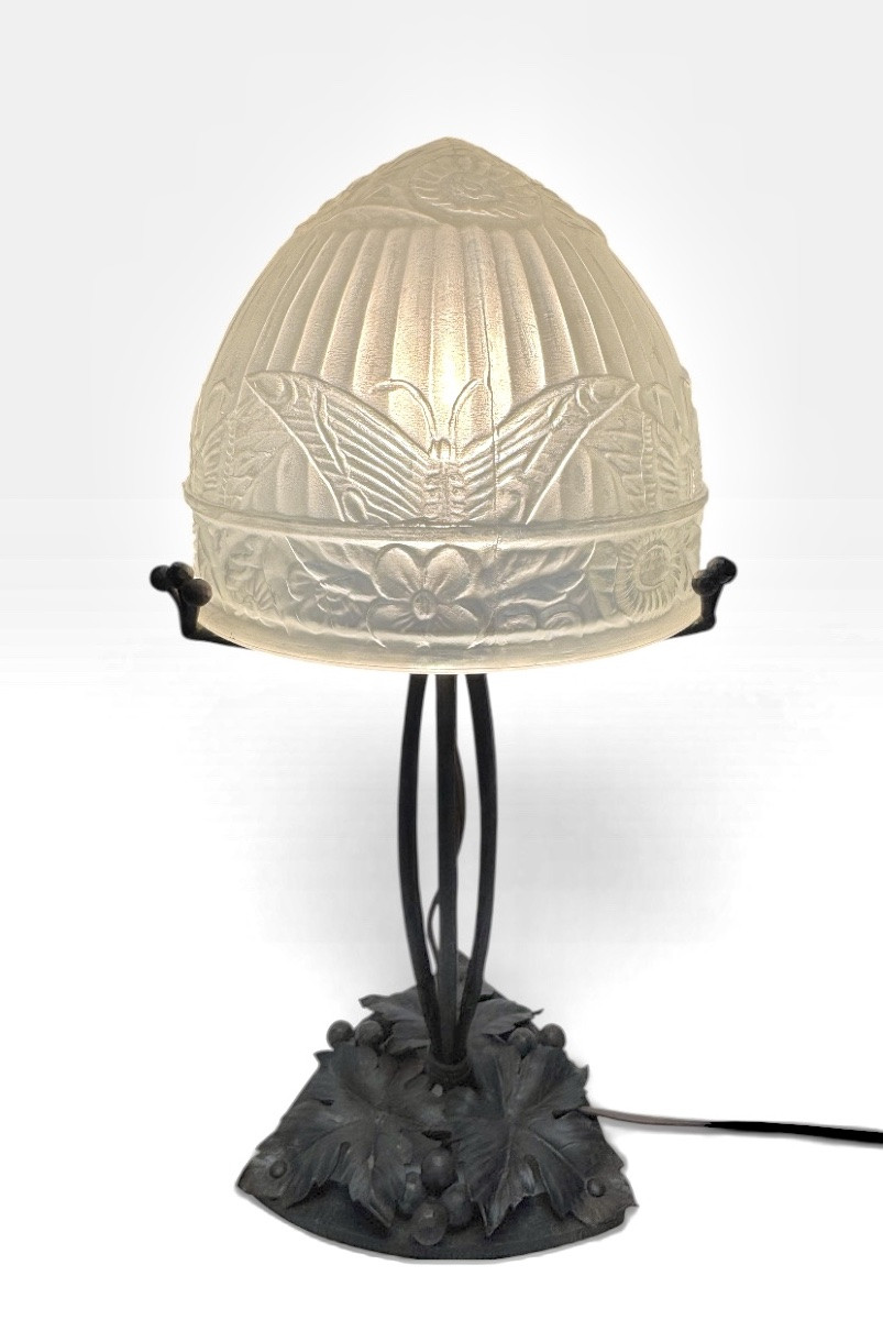 Art Deco Wrought Iron Lamp Decorated With Flowers And Butterflies. -photo-4