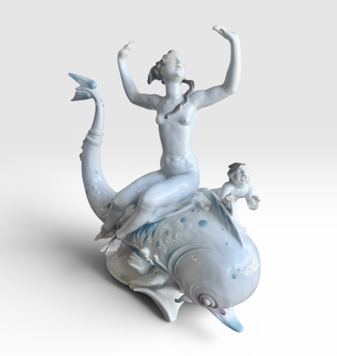 Volkstedt By Emil Paul Börner Porcelain Group Of Nude Galatea On A Dolphin-photo-2