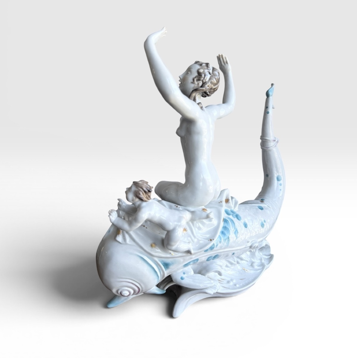 Volkstedt By Emil Paul Börner Porcelain Group Of Nude Galatea On A Dolphin-photo-3