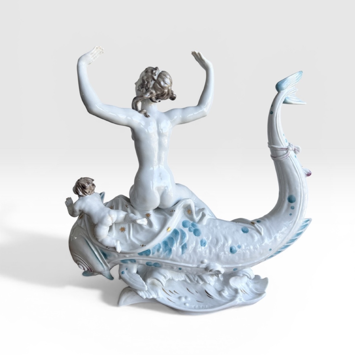 Volkstedt By Emil Paul Börner Porcelain Group Of Nude Galatea On A Dolphin-photo-4