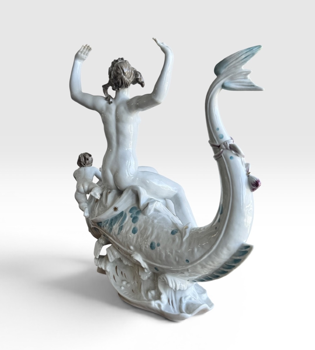 Volkstedt By Emil Paul Börner Porcelain Group Of Nude Galatea On A Dolphin-photo-1
