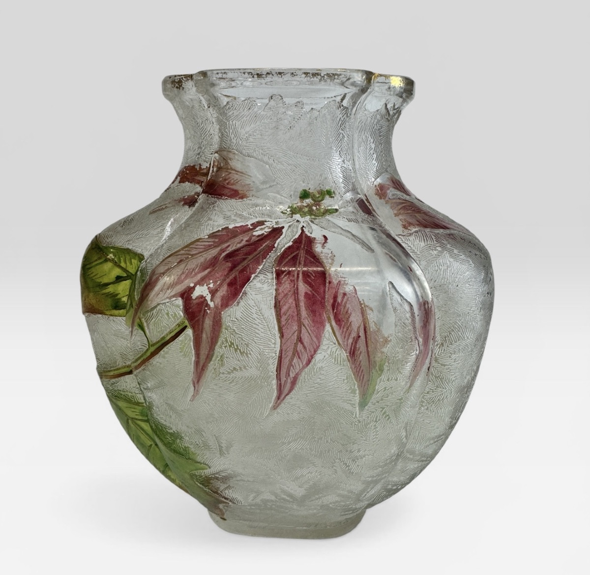 Baccarat - Vase Decorated With Acid-etched Red Flowers And Enamel