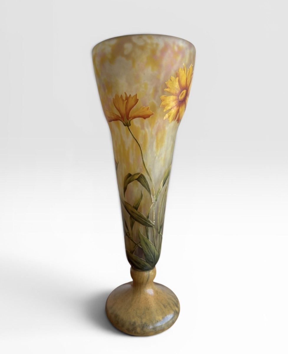 Daum Nancy - Engraved And Enamelled Vase With Coréopsis Flowers-photo-2