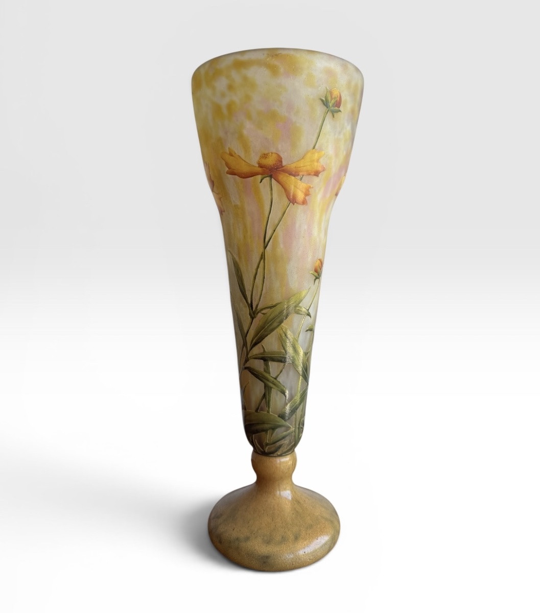 Daum Nancy - Engraved And Enamelled Vase With Coréopsis Flowers-photo-4