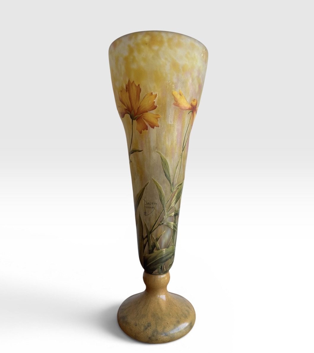 Daum Nancy - Engraved And Enamelled Vase With Coréopsis Flowers-photo-1